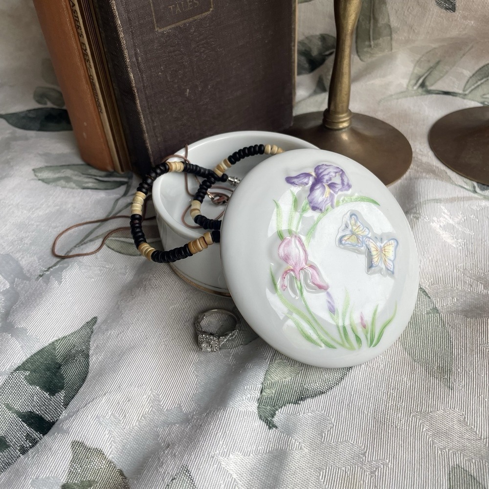 Vintage Porcelain Lidded Round Trinket Box Flowers & Butterflies Hold Trim